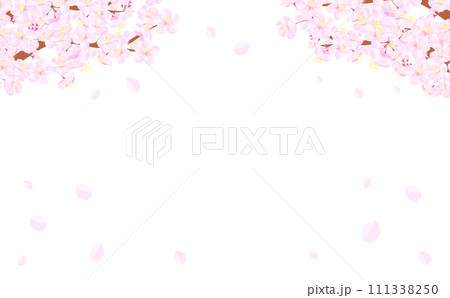 背景やタイトル・見出しに使えるシンプルな桜の木や枝・満開の桜吹雪を描いた余白のある春フレーム素材 111338250