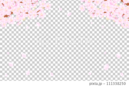 背景やタイトル・見出しに使えるシンプルな桜の木や枝・満開の桜吹雪を描いた余白のある春フレーム素材 111338250