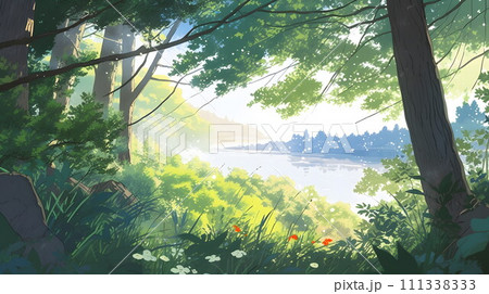 夏の背景と緑の葉の境界 No.017　AI生成画像 111338333