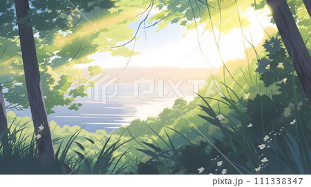 夏の背景と緑の葉の境界 No.021　AI生成画像 111338347