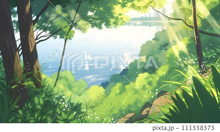 夏の背景と緑の葉の境界 No.011　AI生成画像 111338373