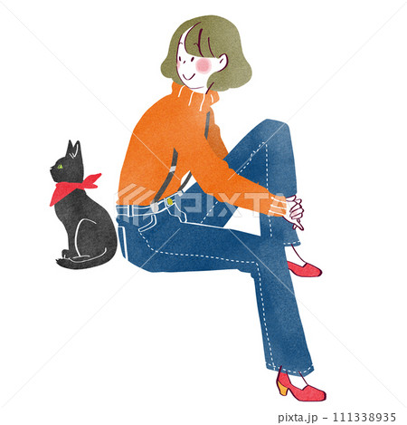 座る女性と黒猫 座る女性と黒猫 111338935