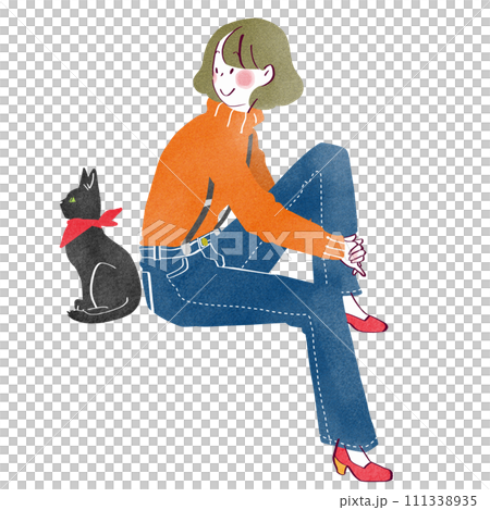 座る女性と黒猫 座る女性と黒猫 111338935