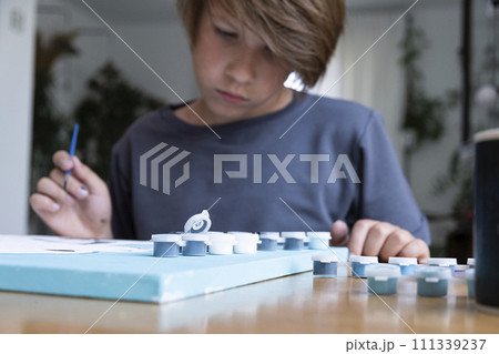 A boy, with long dark hair, draws a picture by numbers. 111339237