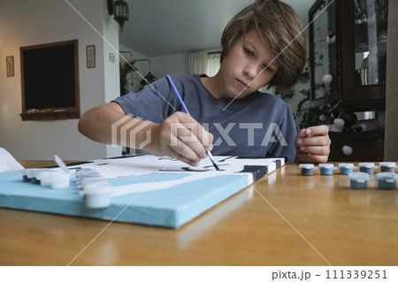 A boy, with long dark hair, draws a picture by numbers. A boy, with long dark hair, draws a picture by numbers. 111339251