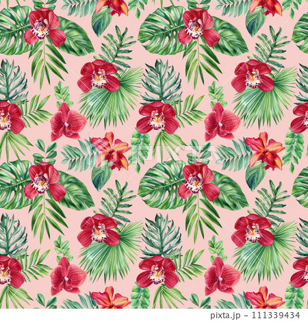 Seamless watercolor floral pattern tropical background palm leaf monstera. Wallpaper Hawaiian style. Red Orchid flower  111339434