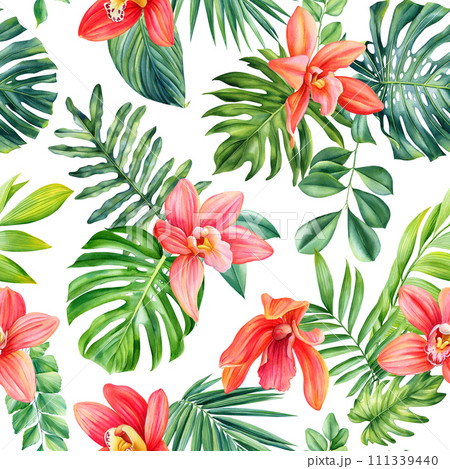 Orchid flower Seamless watercolor floral pattern tropical background palm leaf monstera. Jungle wallpaper Hawaiian style 111339440