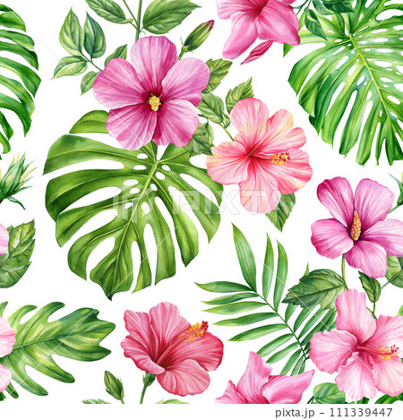 seamless pattern Palm leaves, Jungle monstera leaf, hibiscus flower. Tropical green plant watercolor botanical painting  111339447