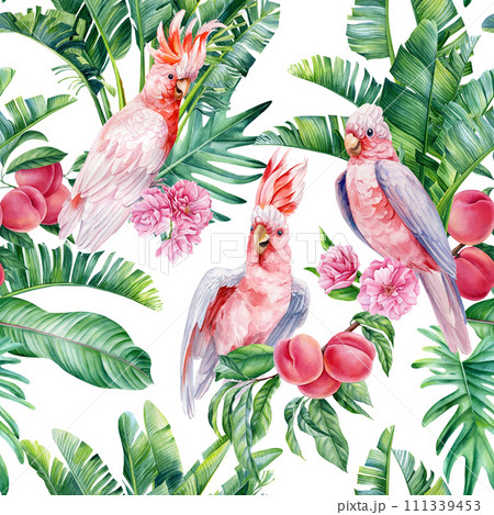 Pink cockatoo bird Seamless pattern Palm leaves, watercolor botanical painting Jungle leaf, fruit peach. Tropic wildlife 111339453