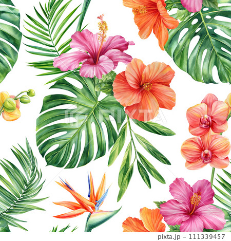 Seamless pattern Palm leaves, watercolor botanical painting. Jungle monstera leaf, hibiscus flowers bird-of-paradise Seamless pattern Palm leaves, watercolor botanical painting. Jungle monstera leaf, hibiscus flowers bird-of-paradise 111339457