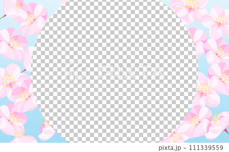 Circular blue sky spring frame with copy space of simple and stylish cherry blossom petals in full bloom that can be used as background or title Circular blue sky spring frame with copy space of simple and stylish cherry blossom petals in full bloom that can be used as background or title 111339559