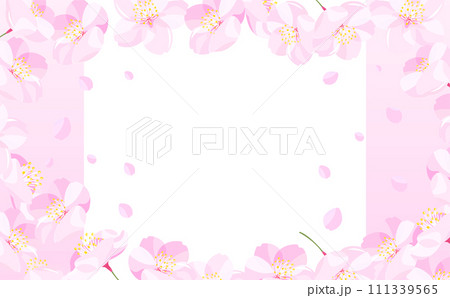 背景やタイトルに使えるシンプルな満開の桜吹雪と花びらの白背景とグラデーションの春フレーム 111339565