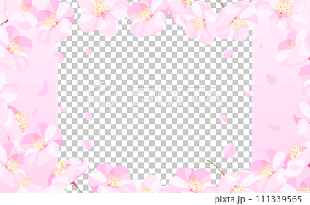 背景やタイトルに使えるシンプルな満開の桜吹雪と花びらの白背景とグラデーションの春フレーム 111339565