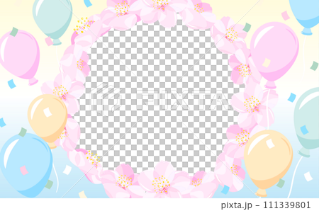 A cute pop and colorful spring frame with cherry blossom petals in full bloom and balloons, perfect for events. 111339801