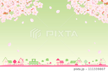 桜と街並み・風景が描かれた余白・コピースペースのあるシンプルな春の黄緑の背景フレーム素材 111339807