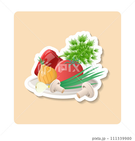 Vegetables sticker illustration. Onion, green, tomato, pepper, mushrooms. Editable vector graphic design. 111339980