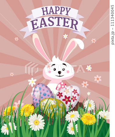Happy Easter poster eggs hunt, white cute bunny with color eggs 111340045