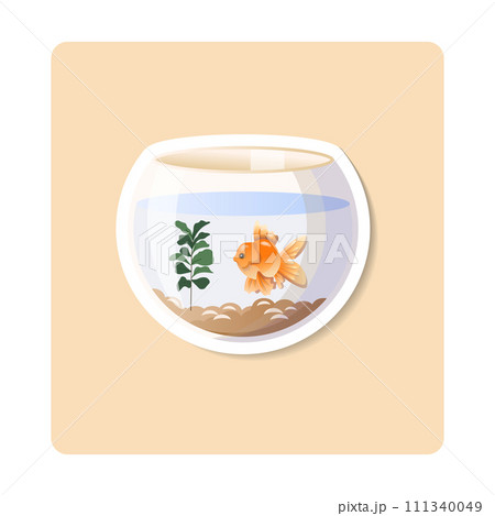 Fish sticker illustration. Aquarium, seaweed, water, glass. Editable vector graphic design. 111340049