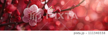 Delicate cherry blossoms in full bloom are set against a vibrant red bokeh background, symbolizing spring and renewal. Delicate cherry blossoms in full bloom are set against a vibrant red bokeh background, symbolizing spring and renewal. 111340338