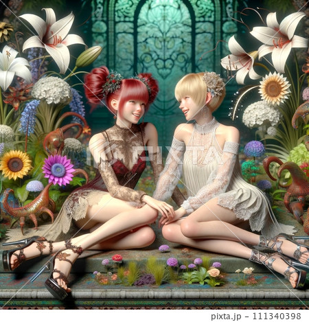 額絵　少女たちと花園　ファンタジー 額絵 少女たちと花園 ファンタジー