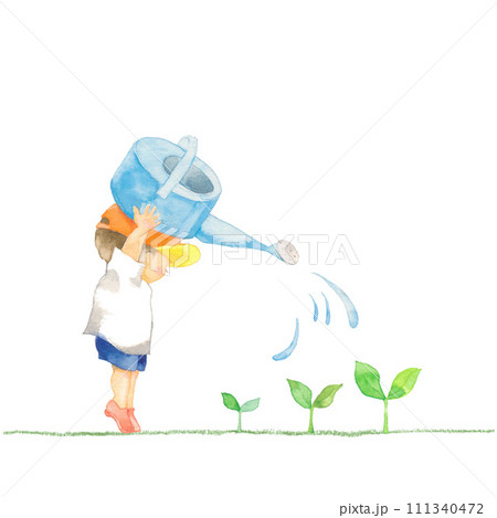 新芽に水をかける男の子、ジョウロから出る水 111340472
