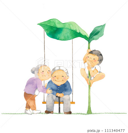 大きな葉によじ登る子ども、おじいさんとおばあさん 111340477