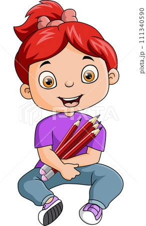 Cute little girl cartoon holding a pencils 111340590