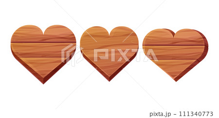 Set wooden heart shape plank with wood texture in cartoon style isolated on white background. Board, game ui element, frame, decoration. 111340773