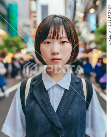 雑踏で立つパーカーを着た女子高生 111340787