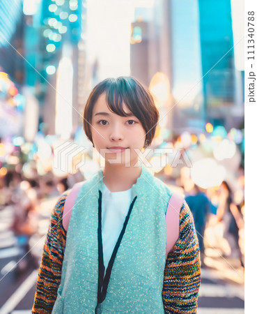 雑踏で立つパーカーを着た少女 111340788