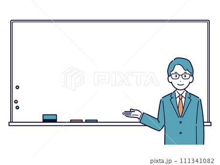 ホワイトボードの前で教えるスーツ姿の男性教師のイラスト＿フレーム 111341082