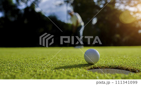 Golfer putting ball on the green golf, lens flare on sun set evening time. Golfer putting ball on the green golf, lens flare on sun set evening time. 111341099