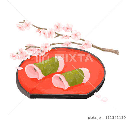 半月盆に盛り付けられた長命寺桜餅と桜の枝のイラスト 半月盆に盛り付けられた長命寺桜餅と桜の枝のイラスト 111341130