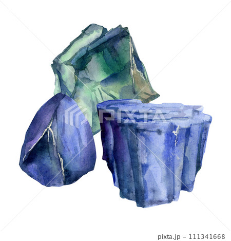 Hand drawn watercolor illustration precious semiprecious jewel gem crystal chakra birth stone. Sapphire emerald tanzanite. Composition isolated on white background. Design print, shop jewelry, fashion 111341668