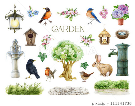 Vintage style garden elements painted set. Watercolor illustration. Hand drawn garden elements, birds, bunny, flowers, greens collection. White background Vintage style garden elements painted set. Watercolor illustration. Hand drawn garden elements, birds, bunny, flowers, greens collection. White background 111341736
