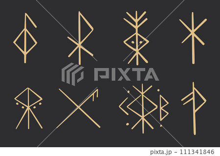 Set golden nordic celtic runes borders, norse protection symbols line style, amulet, witchcraft signs on dark background. 111341846