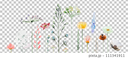 Border with watercolor summer wild flowers and leaves, colorful wedding illustration Border with watercolor summer wild flowers and leaves, colorful wedding illustration 111341911