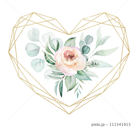 Golden heart frame with Watercolor pink flowers and green leaves,  Valentines or wedding illustration 111341913