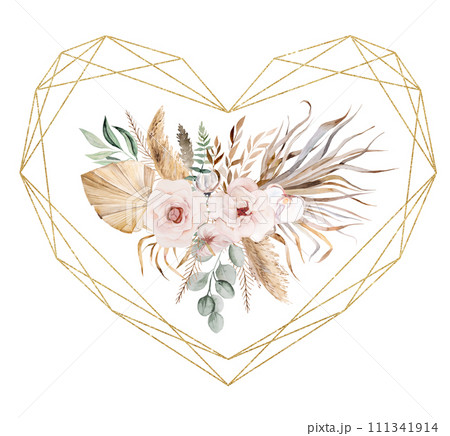 Golden heart frame with beige and green watercolor tropical leaves and flowers, Boho illustration 111341914