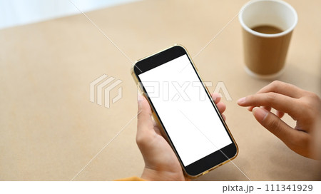 Closeup woman hand using mobile phone at coffee shop. Blank screen for text Closeup woman hand using mobile phone at coffee shop. Blank screen for text 111341929