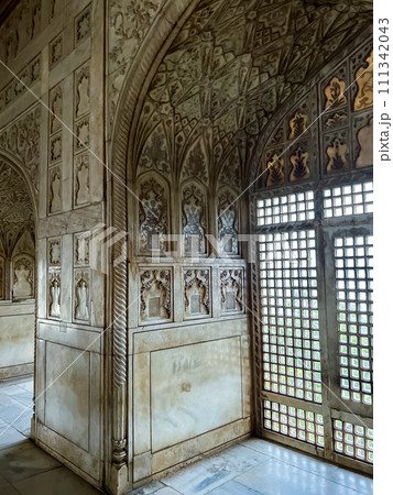 Carved marble hall in Arga fort, India. High quality photo 111342043