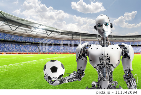 サッカーするロボット ロボット サッカー AI生成画像 グラウンド 