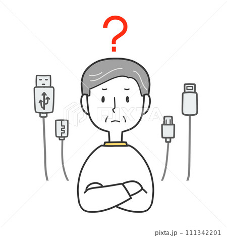 ケーブルの種類が分からないシニア男性 111342201
