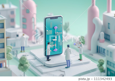 大きなスマートフォンとドクターと看護師（3D） 111342493