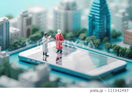 大きなスマートフォンとドクターと看護師（3D） 111342497