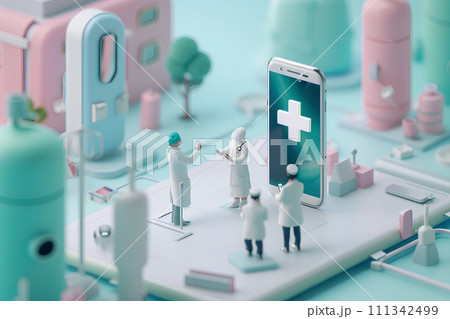 大きなスマートフォンとドクターと看護師(3D) 大きなスマートフォンとドクターと看護師(3D) 111342499