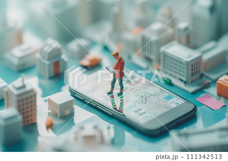 大きなスマートフォンと会議をするビジネスパーソン（3D） 111342513