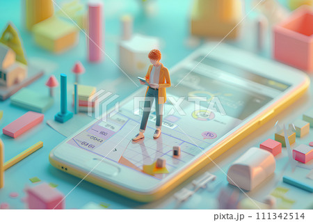 大きなスマートフォンと会議をするビジネスパーソン(3D) 大きなスマートフォンと会議をするビジネスパーソン(3D) 111342514