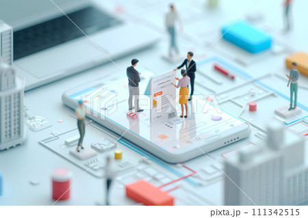 大きなスマートフォンと会議をするビジネスパーソン(3D) 大きなスマートフォンと会議をするビジネスパーソン(3D) 111342515