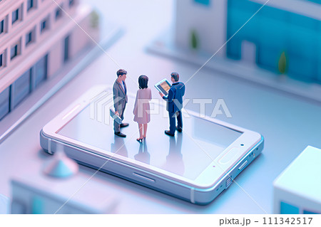 大きなスマートフォンと会議をするビジネスパーソン(3D) 大きなスマートフォンと会議をするビジネスパーソン(3D) 111342517